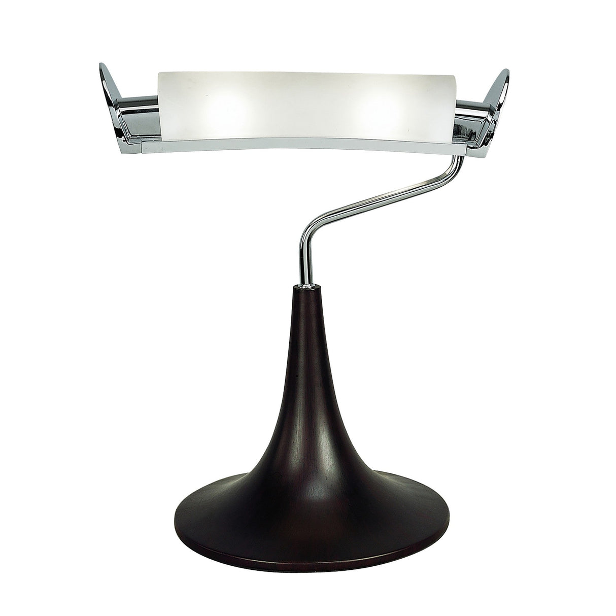 The Zira 2 Light Wood Table Lamp features a curved dark wood base, chrome stem, and horizontal frosted white shade held by elegant metal supports at each end.