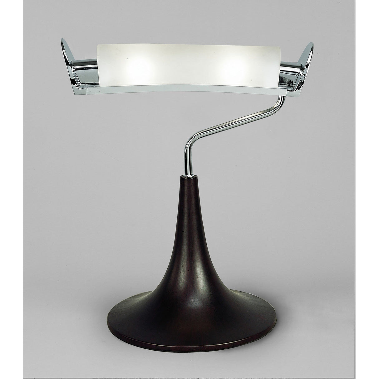 The Zira 2 Light Wood Table Lamp features a curved dark wood base, chrome accents, and a frosted white shade, showcased against a plain light gray background to highlight its modern elegance.