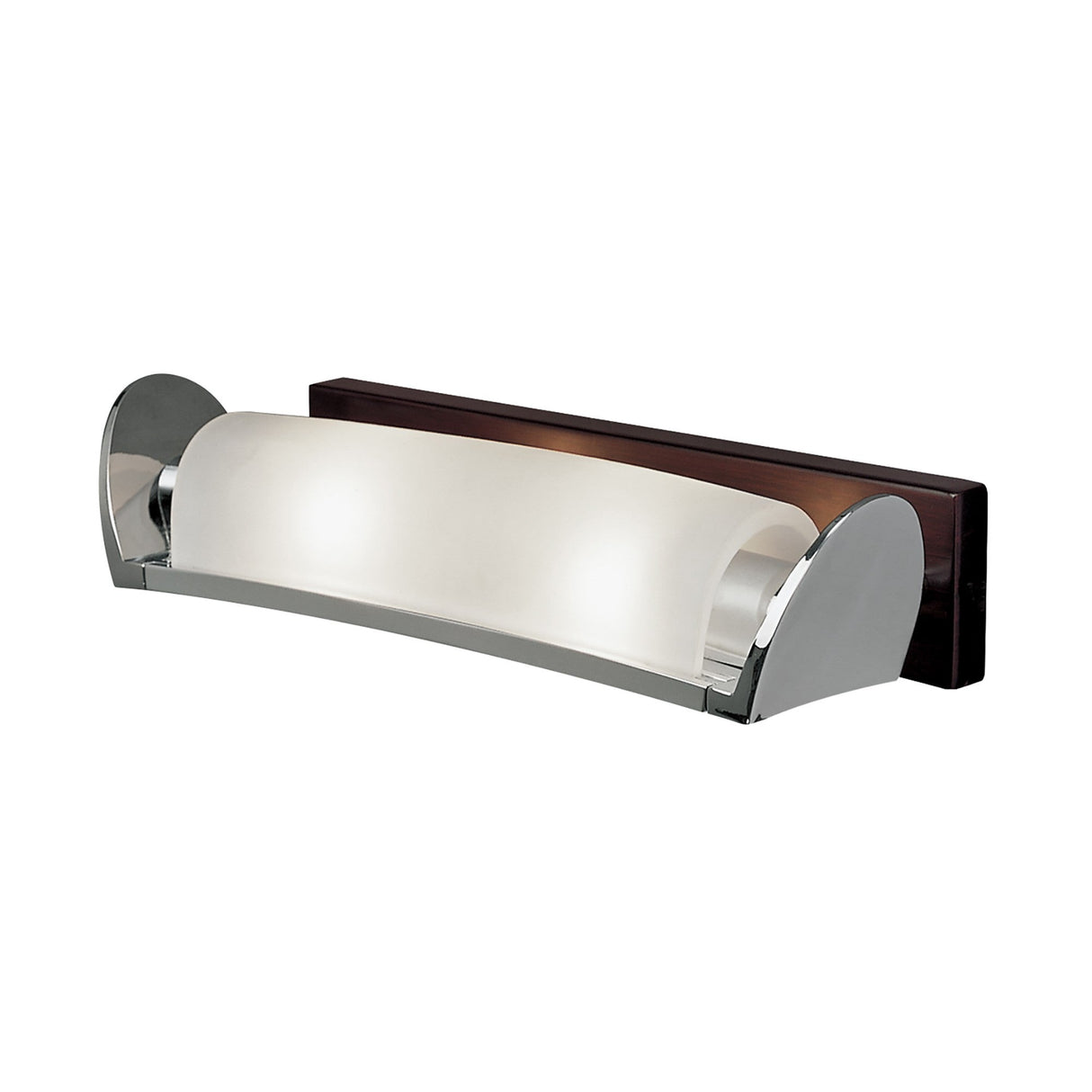 Mantra Zira 2 light wall fitting with frosted glass panel, polished chrome end brackets and wenge wood backplate on a white background.