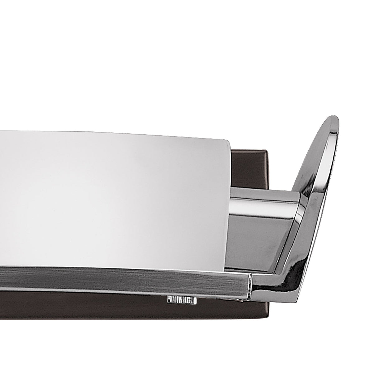 Close-up of the Mantra Zira wall light showing the polished chrome end bracket, frosted glass panel and wenge wood accent on a white background.