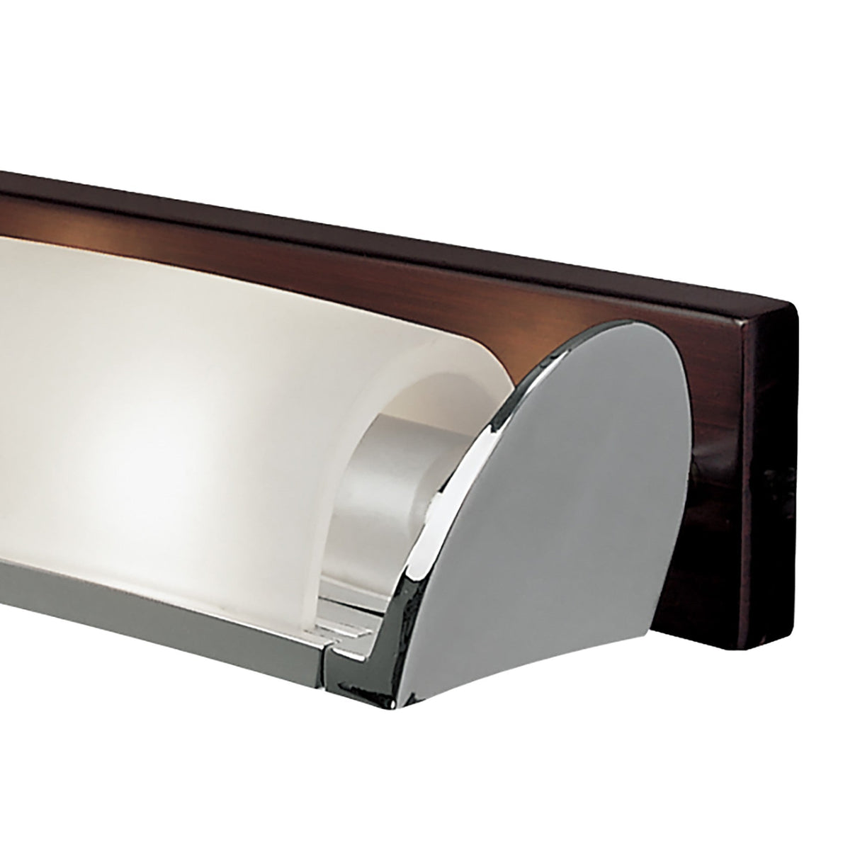 Close-up of the Mantra Zira wall light showing chrome end bracket, frosted glass panel and wenge wood frame on a white background.