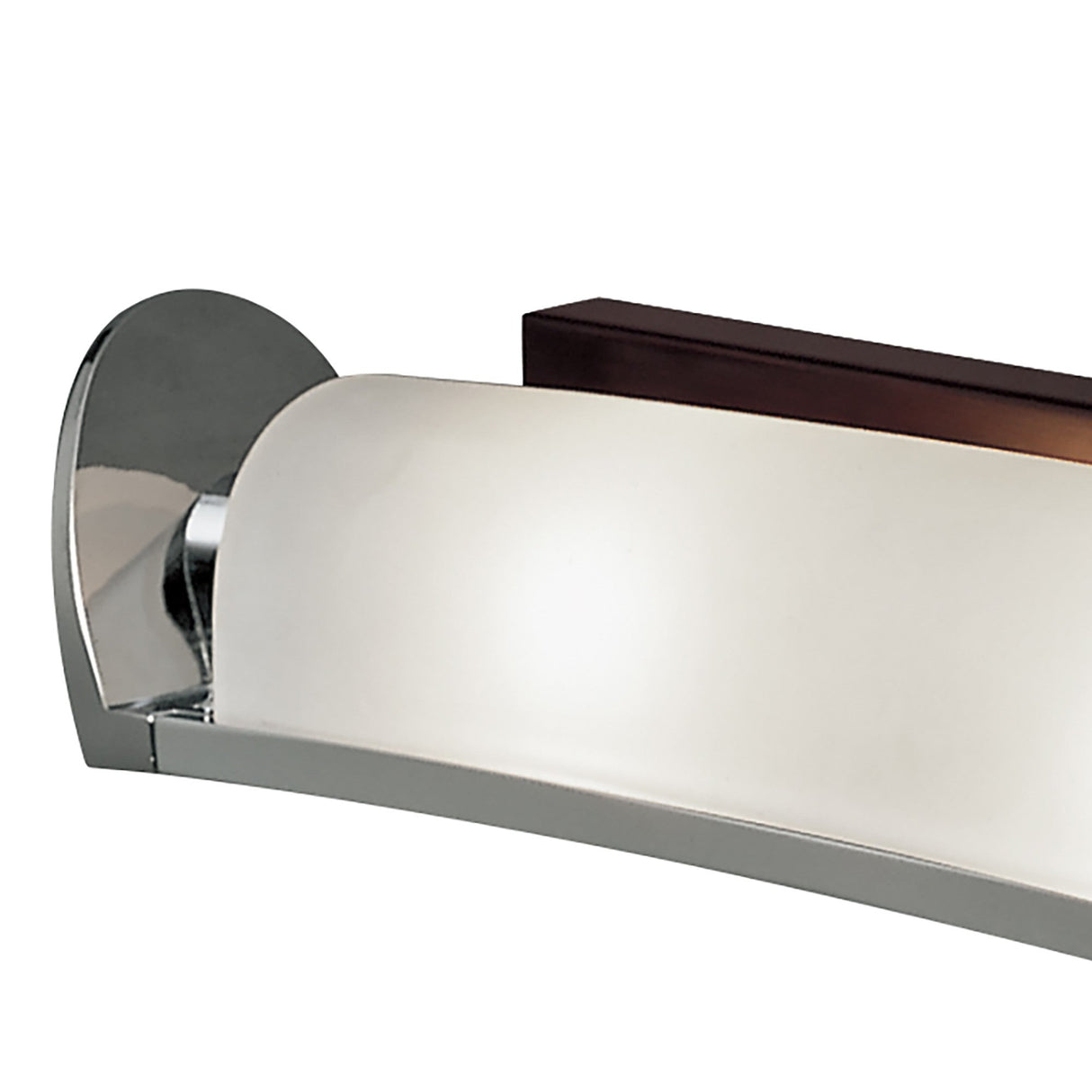 Close-up of Mantra Zira 2 light wall fitting showing polished chrome bracket, frosted glass shade and wenge wood accent on a white background.