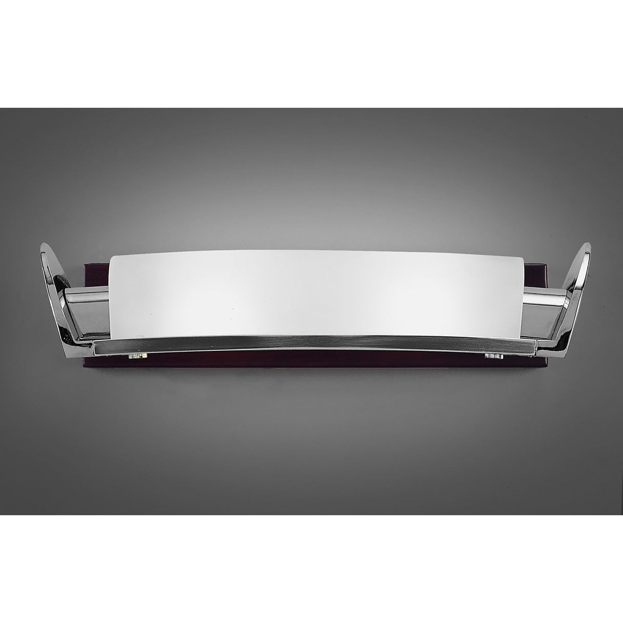Mantra Zira 2 light wall fitting with frosted glass panel, polished chrome brackets and wenge wood backplate, shown on a grey background.