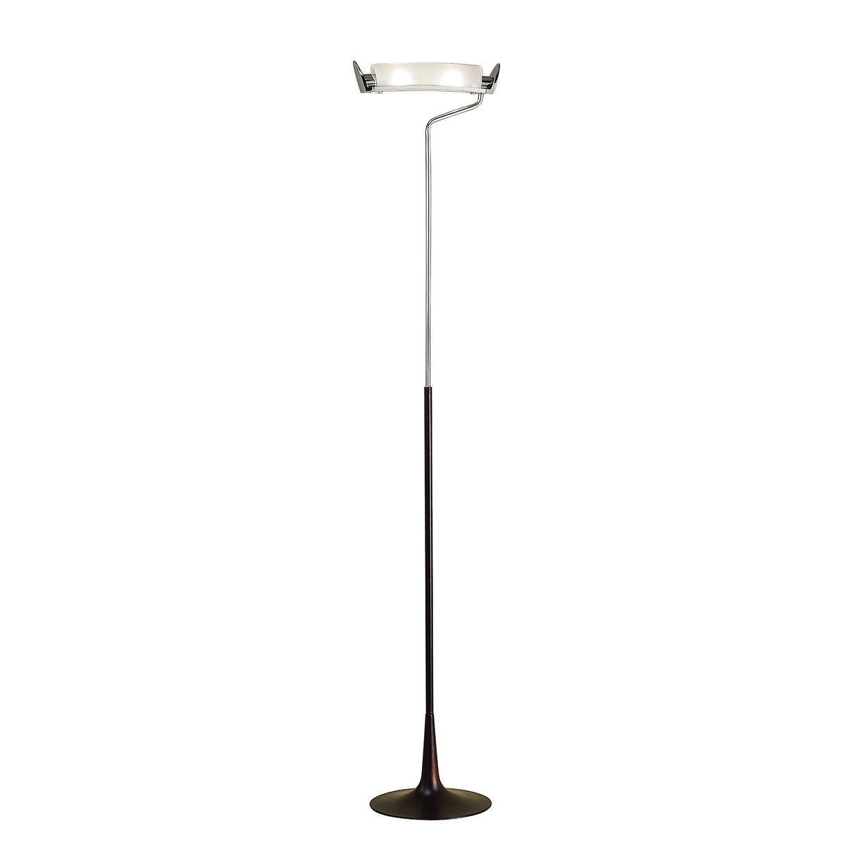 The Zira 2 Light Frosted Glass Floor Lamp in chrome and wenge features a round frosted shade, slim metallic pole, and dark flared base—perfect for minimalist interiors seeking soft, contemporary ambient lighting.