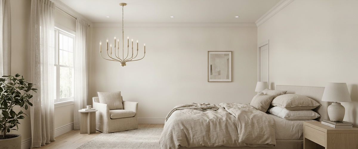 A Brass Chandelier for the Bedroom Works Best When It Stops Being Centered - brass chandelier for bedroom
