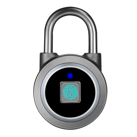 A circular smart padlock with a metallic body, featuring a touchscreen panel displaying a glowing blue fingerprint symbol and a small blue LED indicator above it.