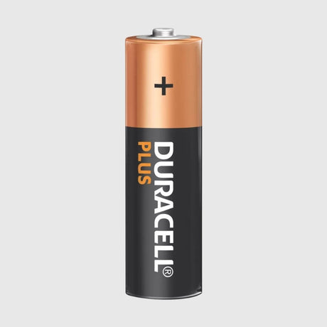 A single Duracell Plus AA battery with a copper top and black body, showing the positive terminal on top and the brand name vertically on the side.