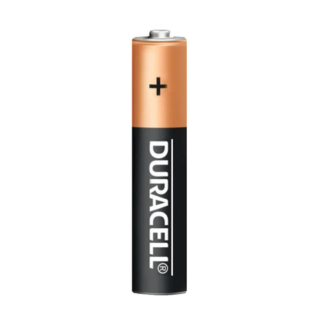 Image of a single Duracell AA battery. The top is copper-colored with a plus sign, and the bottom is black with the Duracell logo in white lettering.