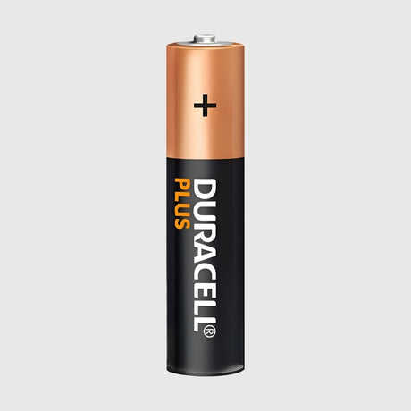 Image of a single Duracell AA battery. The top is copper-colored with a plus sign, and the bottom is black with the Duracell logo in white lettering.
