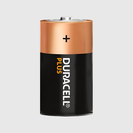 A Duracell Plus D-sized battery with a black and copper design. The positive terminal is visible at the top.