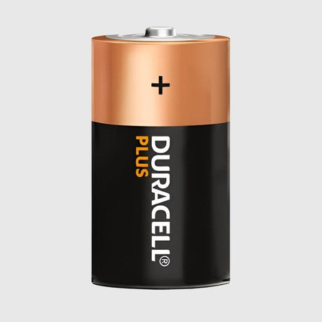 A Duracell Plus battery with a copper top and black body, displaying a plus sign on top.