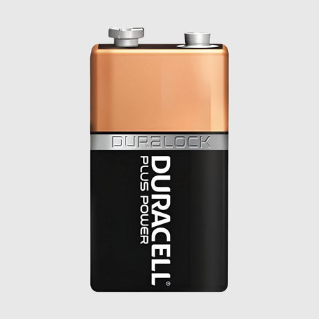 A rectangular 9V Duracell Plus Power battery with a copper-colored top and black bottom, featuring the Duracell logo and Duralock label on front.