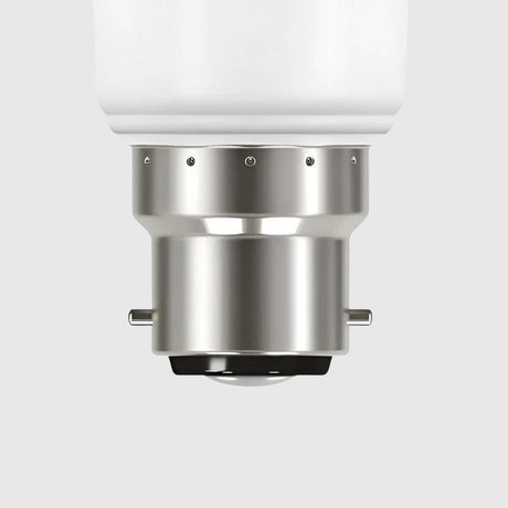 A white LED light bulb with a metallic base is shown against a plain white background. The bulb has a standard A-shaped design and a smooth surface.