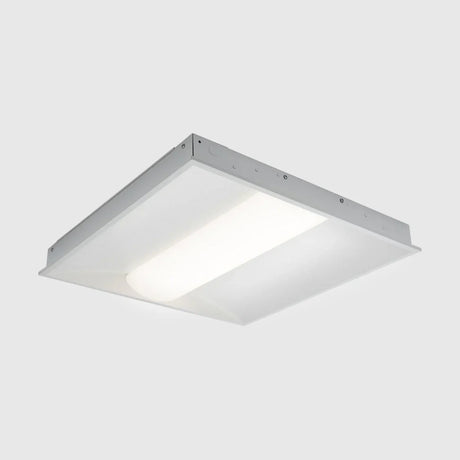 A square, white ceiling light fixture with a frosted panel in the center, set against a plain gray background.