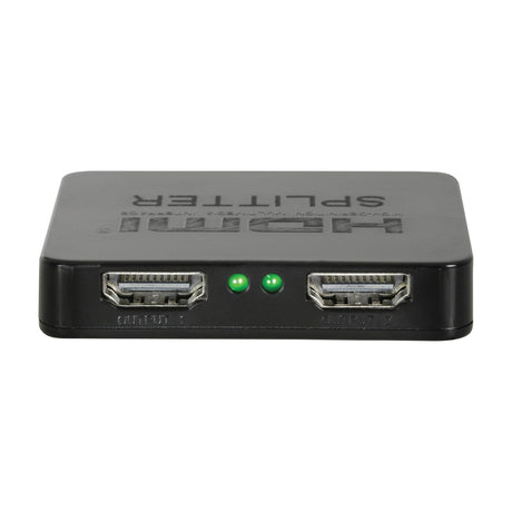 A black two-way HDMI splitter with two HDMI outputs and green indicator lights