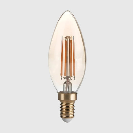 A vintage-style filament LED light bulb with a clear, elongated glass shape and a metal screw base.