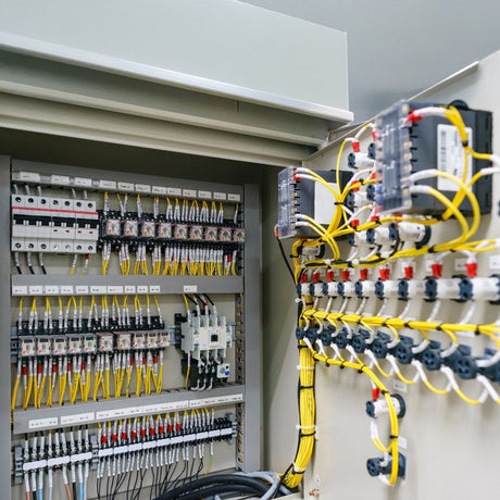 Image of an industrial control panel with a red stop button and green start button, a yellow and red AC isolator switch, and an orange indicator light, including a black ring accessory.