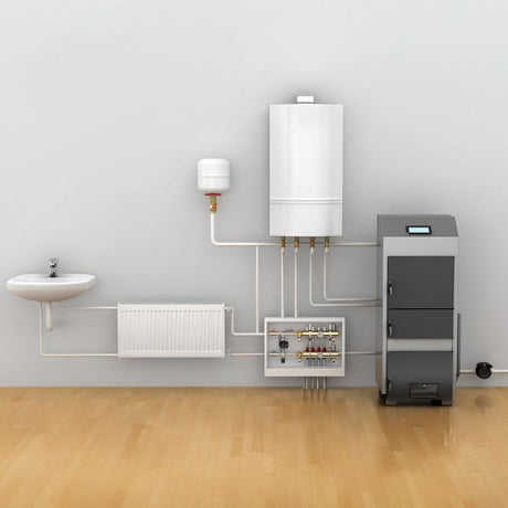 White boiler unit with a digital display showing temperature settings, time, and pressure gauge. Four buttons are below the display for control functions.