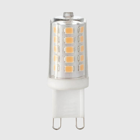 LED light bulb with a cylindrical shape featuring multiple small yellow lights arranged in a grid pattern. The base has two metal prongs for insertion into a socket. The bulb has a transparent casing.