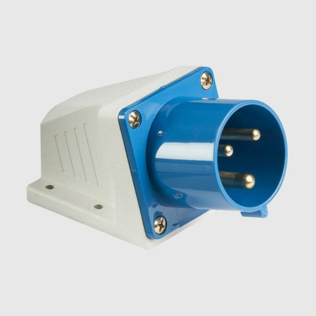 A blue and white industrial plug with three metal prongs, designed for heavy-duty electrical connections. The plug has a ribbed exterior for grip and a hook-like feature for secure attachment.
