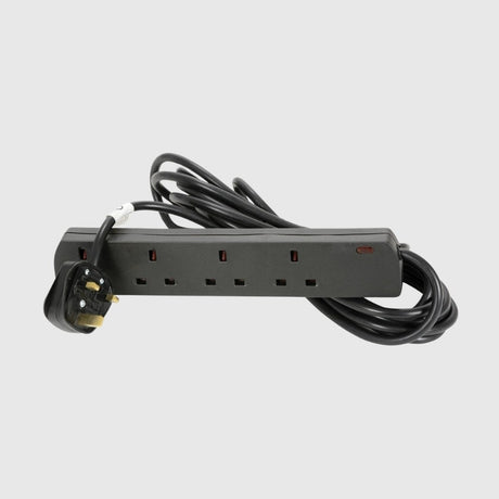 A blue cable reel with a 25-meter extension cord is on a gray metal stand. It has a black handle and a UK plug. Multiple power sockets are visible on the front.