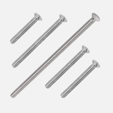 Assorted chrome-coloured machine screws laid out in varying lengths on a white background.
