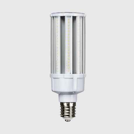 A vertical LED corn light bulb with a white base and multiple small LED chips arranged in vertical rows, designed for high-efficiency lighting.