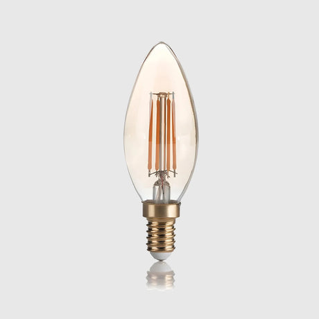 A vintage-style filament LED light bulb with a clear, elongated glass shape and a metal screw base.