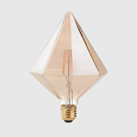 A diamond-shaped light bulb with visible filaments inside, featuring a warm, amber tint. The bulb has a screw base and a sleek, modern design, set against a plain light gray background.