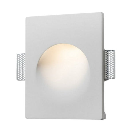 A modern square white wall light with a circular indented center, softly glowing, and two perforated metal flaps extending from each side, designed for flush mounting.