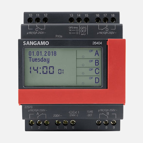 Close-up of a round, metallic electrical timer with a white and red numbered dial. The center is labeled Sangamo. A black mounting base is partially visible at the bottom.