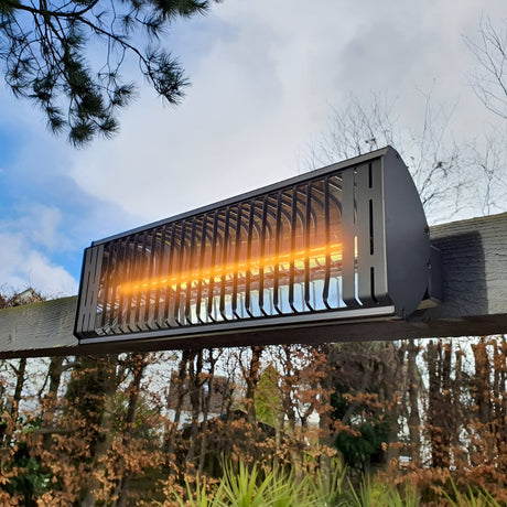 Tall, cylindrical outdoor patio heater with a metal base and mesh-covered heating element. It has a sleek black and silver design with a control knob in the middle section.