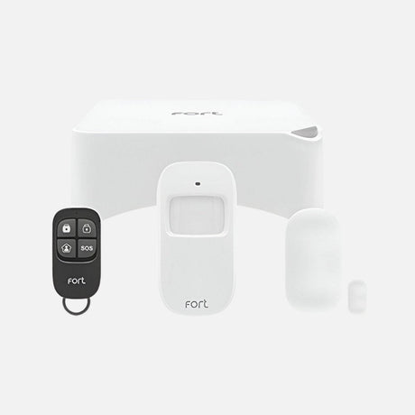 Security system set including a white central hub, three motion sensors, two key fobs with multiple buttons, and two door/window sensors. All items are branded with Fort and are arranged on a white surface.