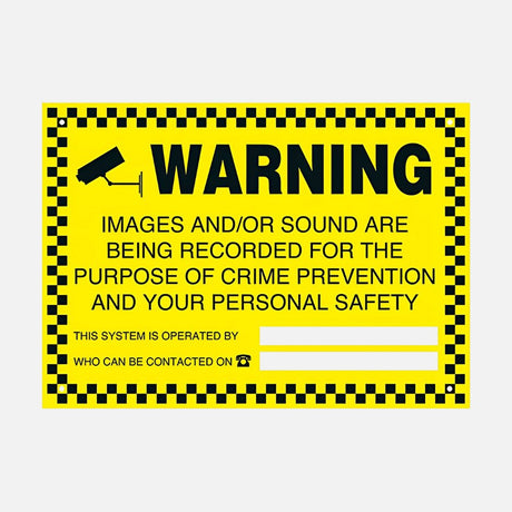 Yellow and black triangular sign with an image of a CCTV camera. Text below reads 24 hour CCTV in operation in bold black letters on a yellow background.