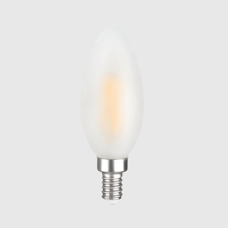A frosted, teardrop-shaped LED light bulb with a screw base against a plain gray background.