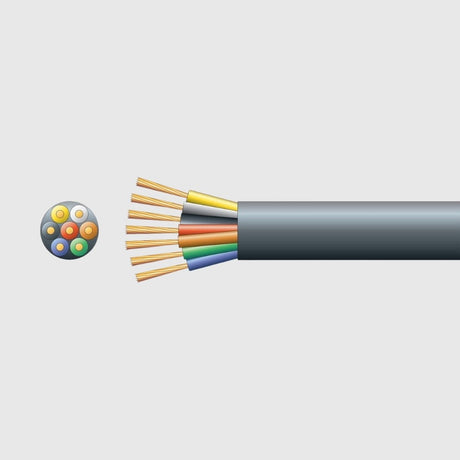 Flexible multistrand cable with multiple color-coded cores emerging from grey insulation.