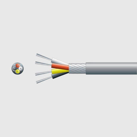Signal cable with several insulated conductors and a braided shield around the inner wires.