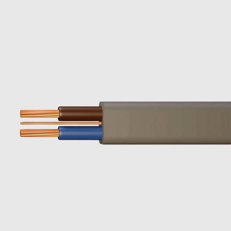 Twin and earth cable with brown, blue, and bare earth copper conductors inside a grey sheath.