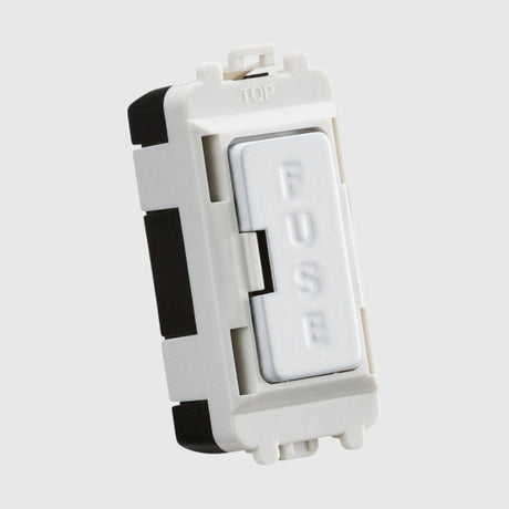 Image of a white and black electrical fuse holder with a metallic face plate labeled FUSE. The plate is rectangular, and the word TOP is on the upper part of the holder.
