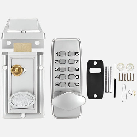 A large green button on a metallic square panel with the text PRESS TO EXIT in green above and below the button.