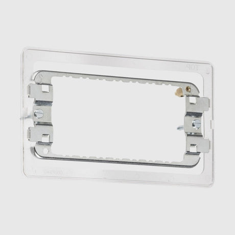 Metal bracket for electrical box installation, featuring four mounting tabs and two adjustable screws for securing. The rectangular frame has a screw hole at each corner and a notch at the top right.