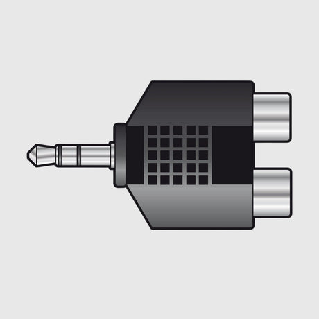 Monitor adapter with a 3.5mm jack on one side and dual RCA connectors on the other.