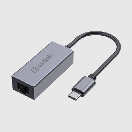 USB-C to Ethernet networking adapter with a compact metallic housing.
