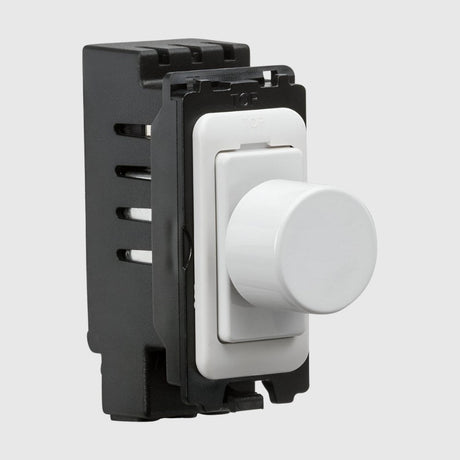 A white and black wall rocker light switch with a brushed metallic faceplate.