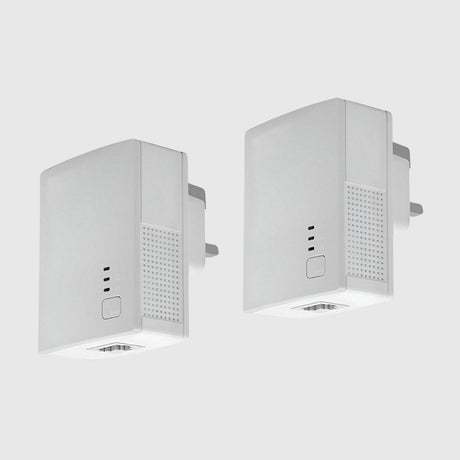 Pair of white powerline network adaptors designed to extend internet through mains wiring.