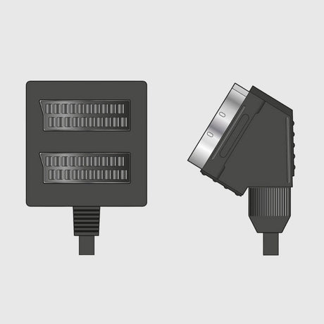 SCART adapter with angled connector and ribbed casing for secure cable attachment.