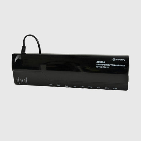 Signal amplifier unit with multiple coax ports and a slim black housing.