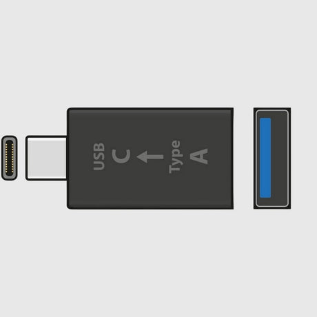 USB-C to USB-A adapter showing a compact body with blue USB-A port.