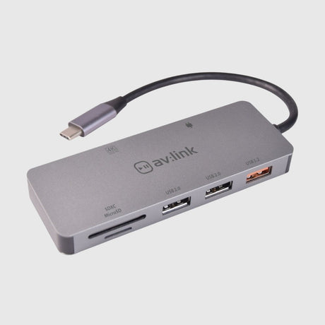 USB-C hub featuring multiple USB ports and memory card slots in a compact metallic case.
