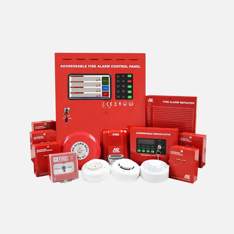 Box of MAGfire fire alarm kit from ESP, featuring an image of the alarm panel, detectors, and accessories on the packaging. The box is primarily red and white with company branding and product details.